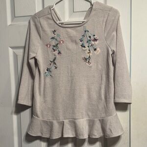 LC Lauren Conrad Cream Knit Top with Blue Embroidery
